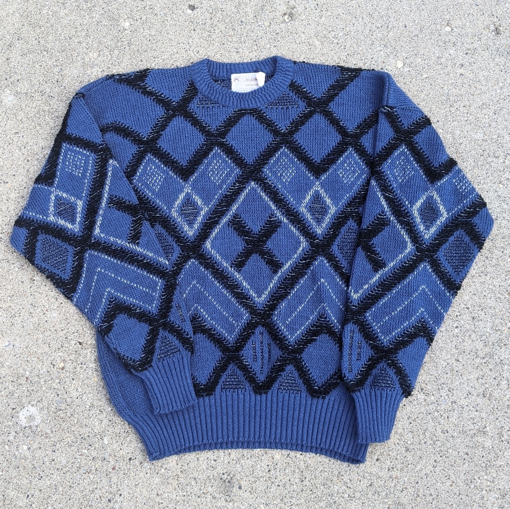 Vintage 90s Sweater Chippewa Woolens Blue Knit Diamond Print Large
